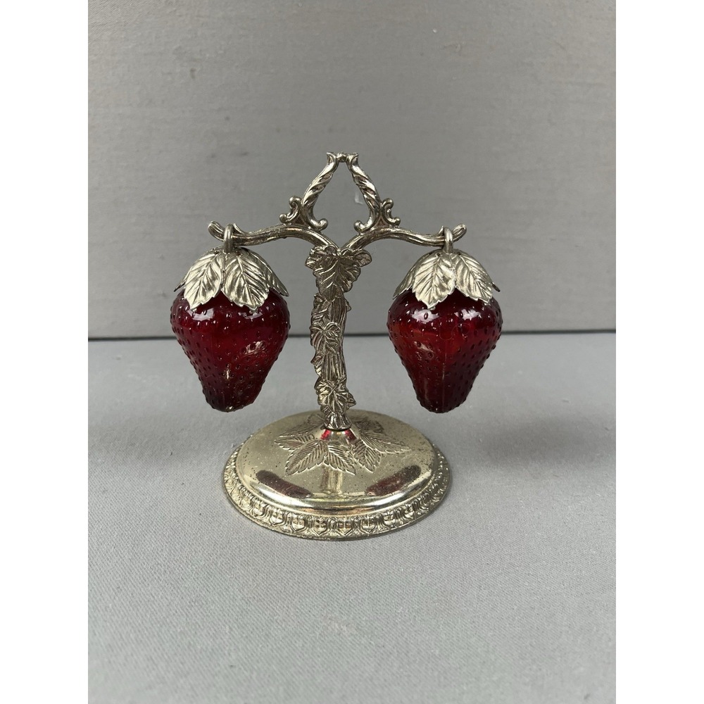 Vintage Kitschy 1950s Glass Strawberry Salt & Pepper Shakers w/ Silver Stand - Picture 12 of 12